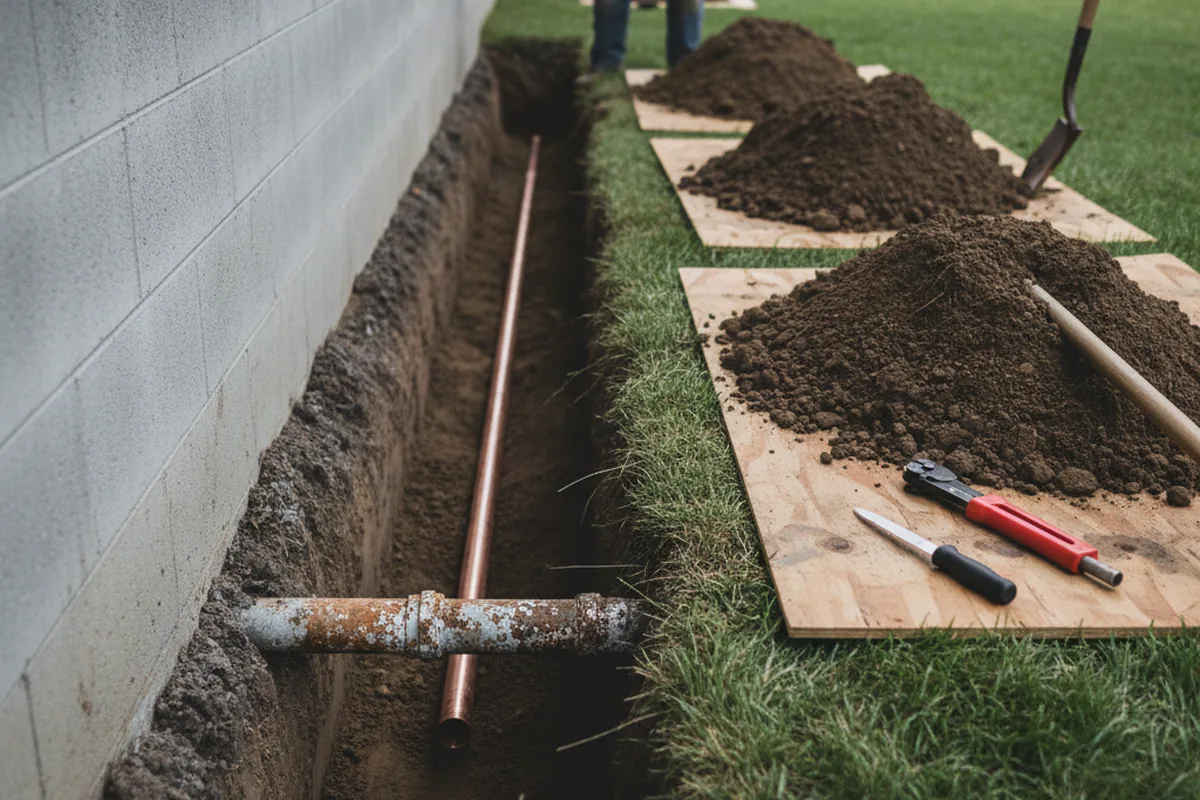 Excavated water line trench during Sewer Line Repair in Berryville